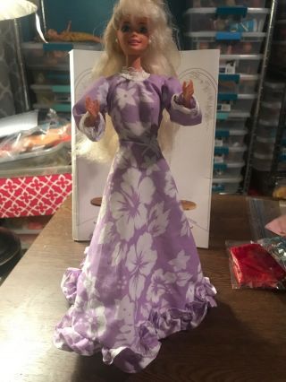Vintage Barbie Clone Fashion Hawaiian Gown Purple With White Hibiscus Flower