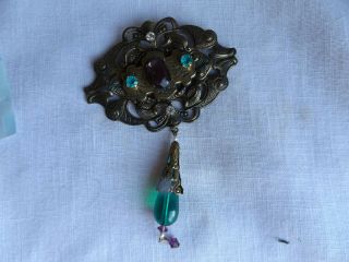 Antique Ornate Victorian Brass & Color Glass Stones Brooch