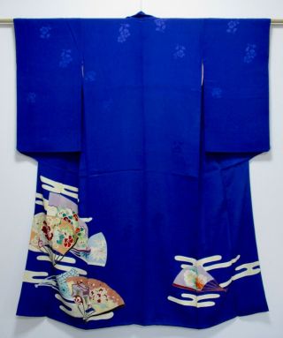 Japanese Silk Antique Kimono / Fan & Flower / Egasumi / Blue / Silk Fabric /457