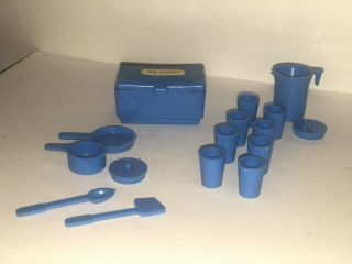 Vintage Barbie Camping Accessories Kitchen Dishes Blue Pitcher Cups Ice Chest
