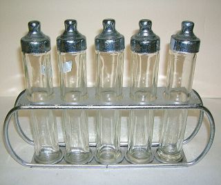 Antique Vintage Metal Test Tube Rack With 5 Tubes W/ Lids & Seals 7.  5 " Tall
