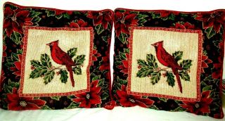 2 Vintage Tapestry Christmas Cardinal Pillows Throw Pillows Ex.  Cond.  16x16 "