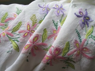 Vintage Hand Embroidered Tablecloth - Irises,  Lily Of The Valley Flowers