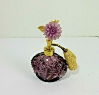 Vintage Irice Purple Perfume Bottle Atomizer With Flower On Top Nos