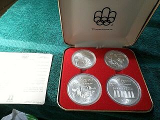 Rare Set,  1976 Montreal Olympics,  4 Large 925 Silver Coins,  10,  10,  5,  5 Dollars