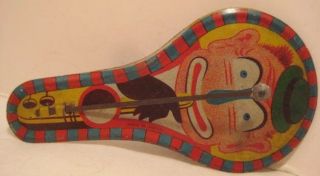 Tiny Antique Tin Toy Noisemaker Clown W Saxophone 3.  5 " C J Prize Japan 1950 Rare