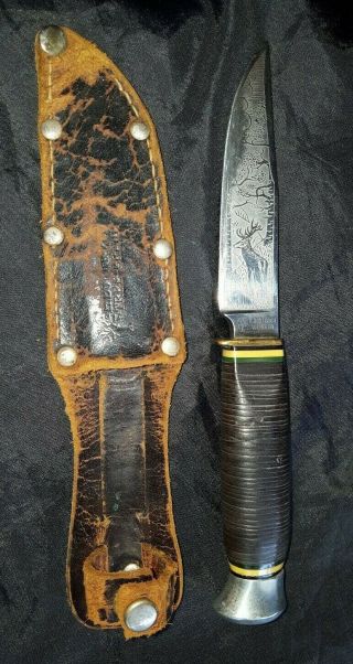Rare Vintage Boker Solingen Germany Knife Fixed Blade Engraved Elk Forest Scene
