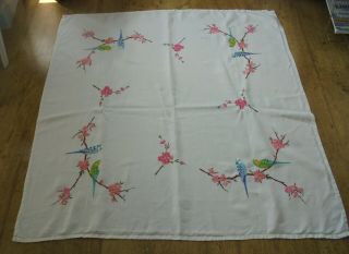 Hand Embroidered Linen Tablecloth Budgerigars & Pink Cherry Blossom