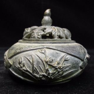 Old Chinese Bronze Incense Burner Lotus Covered Censer With Mark