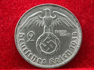 2 Reichsmark 1938 F With Nazi Coin Swastika Silver Brilliant - - Rare - - -