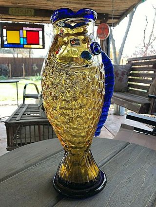 Rare Vintage Blenko Handmade Art Topaz & Cobalt Blue Fish Vase - Hank Adams 12 "
