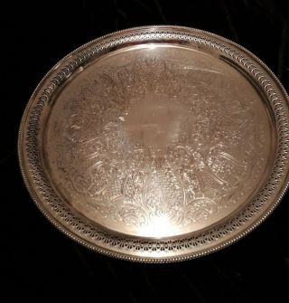 Large Round English Silver Plate On Copper Pierced Tray 14.  5 " (37cms)