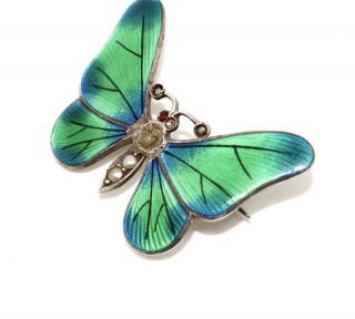 An Antique Art Deco Sterling Silver 925 Enamelled Butterfly Pearl Brooch A/f