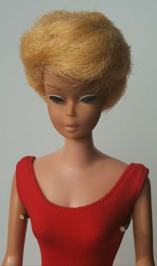 Vintage Blonde Bubblecut Barbie Doll In Red Swimsuit With Vintage Stand 1960 