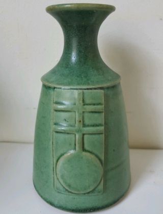 Roycroft Renaissance Pottery Oil Lamp Body Or Vase Green Glaze Logo 5 Inches