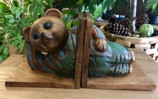 Vintage Hand Carved Coloured Wood Wooden Teddy Bear Pair Book Ends Vintage Retro