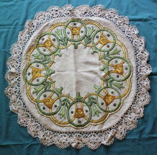 Arts & Crafts Mission Era Round Table Topper Embroidered Ireland Vintage 1930s