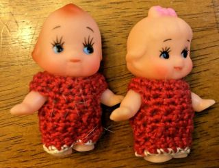 Vintage Kewpie Dolls In Crocheted Outfits Girl And Boy 2” Red Cute Xmas