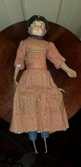 Antique Paper Papier - Mache Shoulder Head Doll 14 " Tall Cloth Body Dated 1898