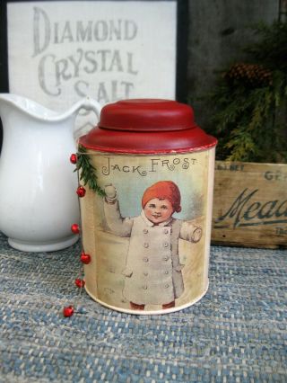 Early Antique Pantry Tin W Christmas Postcard Print Jack Frost