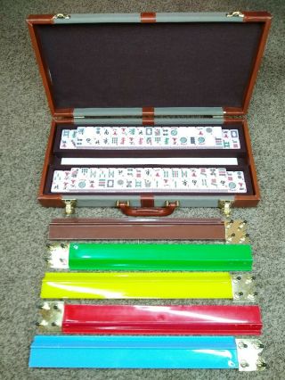 Vintage Mahjong Box Rare 152 Tiles Chinese Mah - Jong Set Leather Box