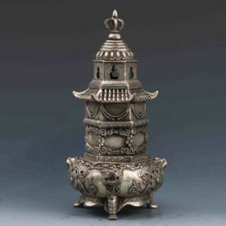 Exquisite Chinese Miao Silver Copper Handwork - Carved Pagoda Incense Burner