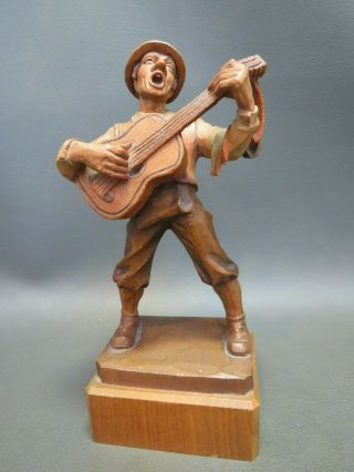 Vintage Anri Carved Wooden Figure Carving Of Man Singing & Playing Guitar 7 "