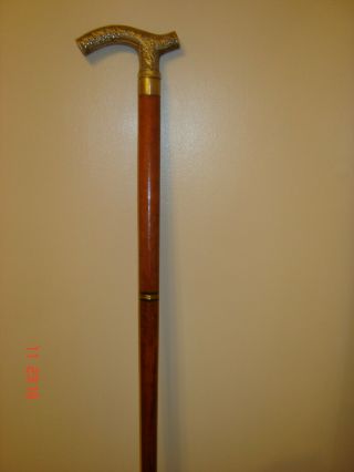 Vintage Brass Handle Brown Wooden Walking Stick Cane 35.  5 " Tall