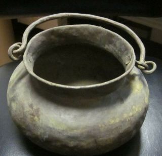 Antique Primitive Copper Or Brass Handled Cauldron Pot Kettle.  Hand Hammered?