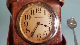 Antique Waltham Travelling Clock In Leather Case.  Workin Ok.  Leather Af