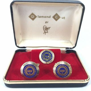 Vintage Uaw Cufflinks Lapel Pin Set Gold Tone Blue Enamel Diamond Cut Hit Usa