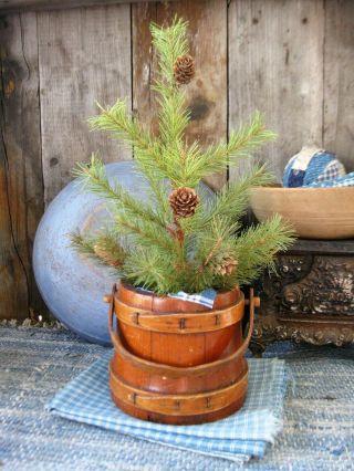 Very Small Vintage Wood Sugar Bucket Firkin W Primitive Christmas Tree