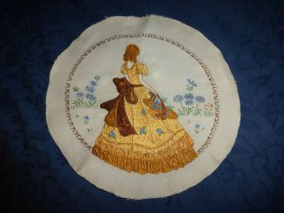 Vintage Raised Work Embroidery Of Crinoline Lady In Garden 14 " / 37cm Diam.