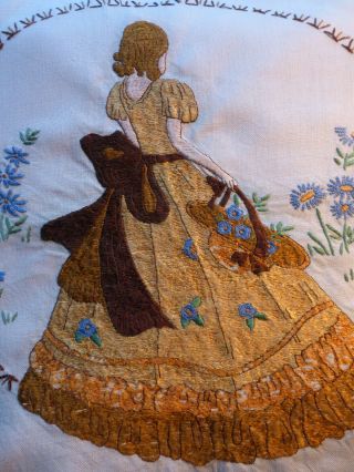 vintage raised work embroidery of crinoline lady in garden 14 