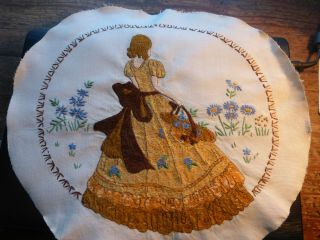 vintage raised work embroidery of crinoline lady in garden 14 