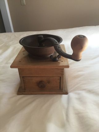 Antique Coffee Grinder Cast Iron And Dovetailed Wooden Base By W.  H.  Co.