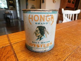 Rare Vintage Advertising Honga Brand Seafood Oyster Tin Can - White Nelson Indian