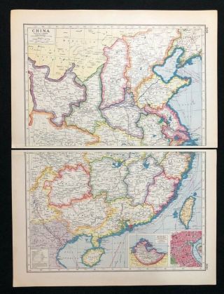 Vintage Map 1920,  China / Insets Of Weihaiwei & Shanghai,  Harmsworth 