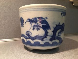 19Th Century Antique Chinese Ming Sty Blue White Dragon Porcelain Cache Pot Vase 2