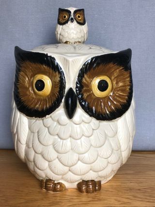 Vintage Ivory Owl With Owlet On Top Ceramic Cookie Jar Japan Omc - Rare