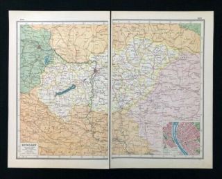 Vintage Colour Atlas Map 1920,  Hungary,  Inset Of Budapest,  Harmsworth 