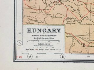 Vintage Colour Atlas Map 1920,  HUNGARY,  Inset of Budapest,  Harmsworth ' s Atlas 2