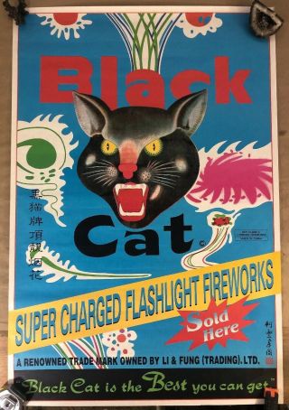 Rare Blue Vintage Li & Fung Black Cat Firecrackers Poster 23x34 " Fireworks 4th