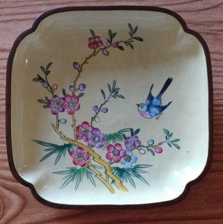 Antique Chinese Enamel On Copper Hand Painted Square Plate Dish Trinket Tray