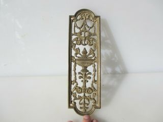 Vintage Brass Pierced Finger Plate Push Door Handle Husks Urn Leaf Floral Flower 3