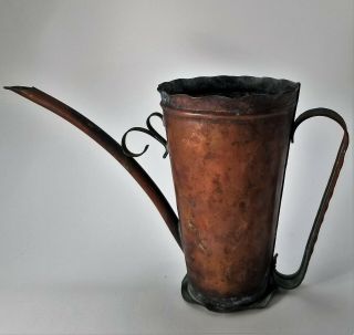 Rare Vintage Hammered Solid Copper Watering Can Pitcher Rustic Patina Vermont