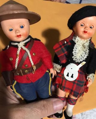 Two Hard Plastic 6” Vintage Dolls Canadian Mountie & Scottish Dressed Dolls