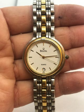 Bulova 1801 Mens Swiss Two Tone Vintage Watch Runs White Dial