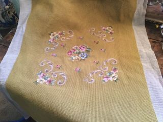 Antique Vintage Wool Needlepoint Seat/chair/pillow Cover Gold W Floral Pink Rose