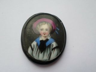 Antique Victorian French Jet Or Black Glass Panel Portrait Brooch Panel Only